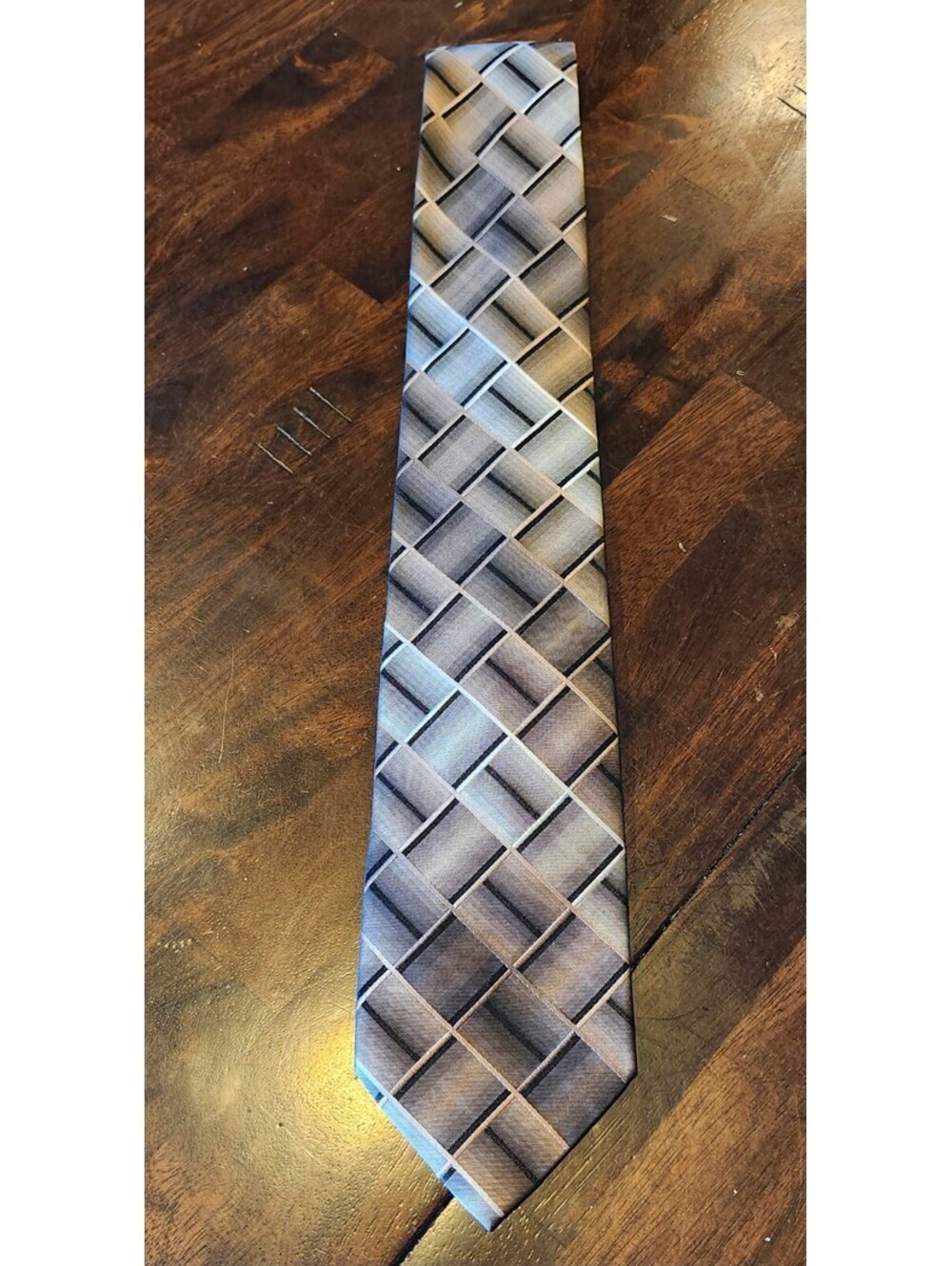 George Machado Zylos Geometric Check Silk Necktie Black Gray Tan